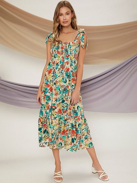 allover floral print shirred knot shoulder ruffle hem cami dress 53qa#, Black;gray
allover floral print shirred knot shoulder ruffle hem cami dress 53qa#, Black;gray