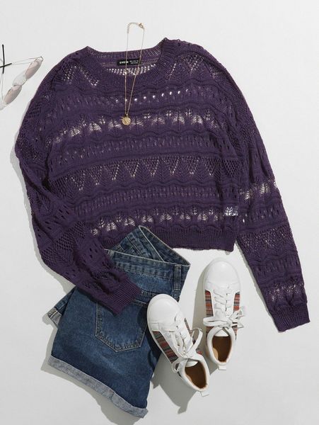 drop shoulder open knit sweater r5us#, White;black 
drop shoulder open knit sweater r5us#, White;black