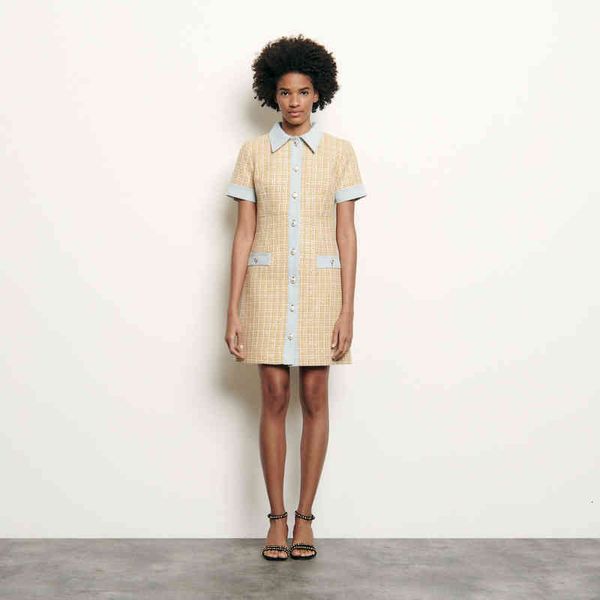 fadan s family 20 spring and summer tweed small fragrance single breasted denim stitched short sleeved dress, Black;gray
fadan s family 20 spring and summer tweed small fragrance single breasted denim stitched short sleeved dress, Black;gray