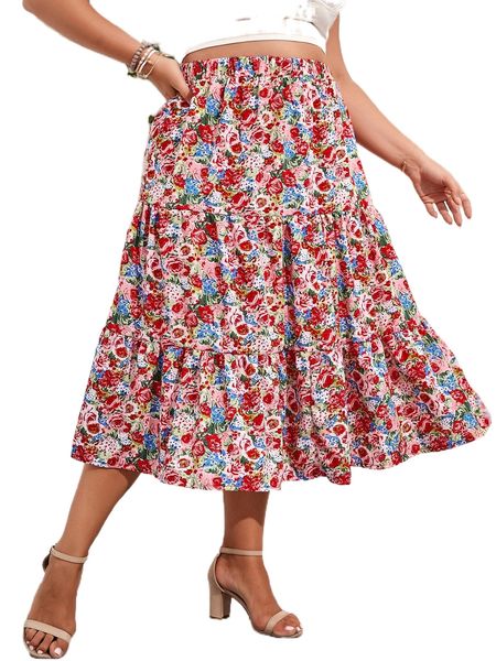 plus allover floral print ruffle hem skirt d0vv#, Black