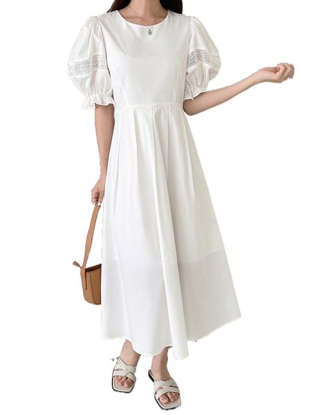 dazy solid puff sleeve a-line dress y207#, Black;gray
dazy solid puff sleeve a-line dress y207#, Black;gray