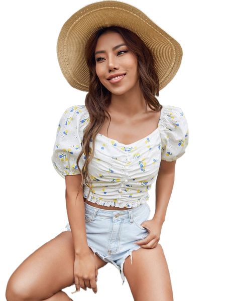 floral print shirred back schiffy c6bw#, White 
floral print shirred back schiffy c6bw#, White