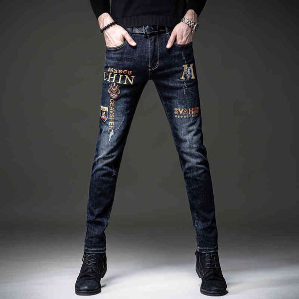 expensive color chao brand embroidery jeans with holes, slim fit and small foot casual pants, men's elastic pants, Blue
expensive color chao brand embroidery jeans with holes, slim fit and small foot casual pants, men's elastic pants, Blue