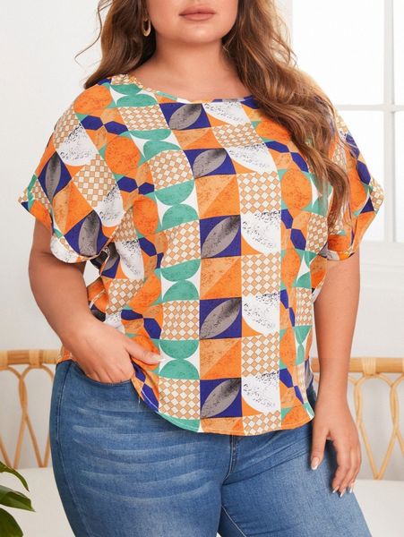 plus rolled sleeve geo print p2s7#, Black