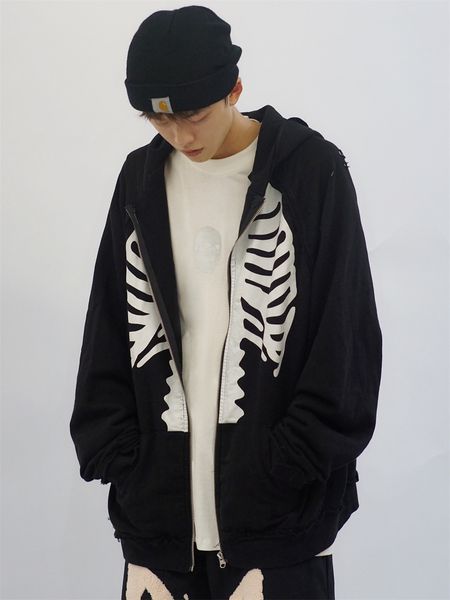 men's hoodies skeleton print cardigan mens autumn streetwear ripped high street casual loose long sleeve outerwear, Black
men's hoodies skeleton print cardigan mens autumn streetwear ripped high street casual loose long sleeve outerwear, Black