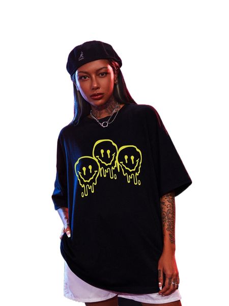 cartoon face print drop shoulder tee n0gp#, White 
cartoon face print drop shoulder tee n0gp#, White