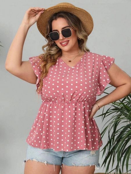 plus polka dot butterfly sleeve blouse h2gy#, Black 
plus polka dot butterfly sleeve blouse h2gy#, Black