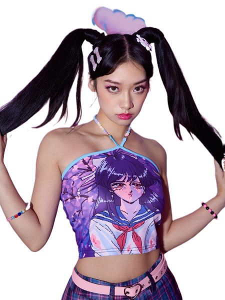 romwe x mizucat anime cartoon figure graphic halter o7ne#, White 
romwe x mizucat anime cartoon figure graphic halter o7ne#, White