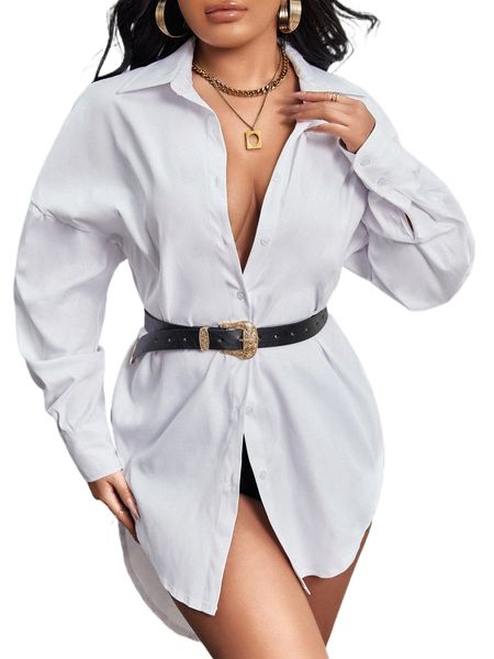 drop shoulder high low hem shirt without belt s3pr#, White
drop shoulder high low hem shirt without belt s3pr#, White