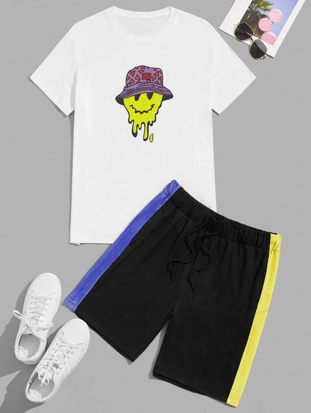 men cartoon face print tee & contrast side seam shorts d29m#, Gray
men cartoon face print tee & contrast side seam shorts d29m#, Gray