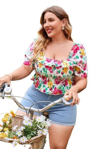 plus ruffle trim floral shirred blouse r9oh#, Black
plus ruffle trim floral shirred blouse r9oh#, Black