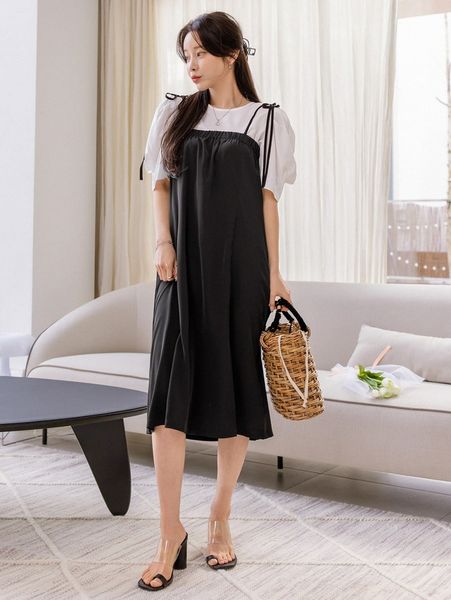dazy solid tie shoulder split hem cami dress & puff sleeve blouse i3ye#, White
dazy solid tie shoulder split hem cami dress & puff sleeve blouse i3ye#, White