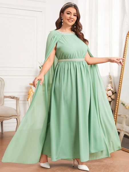 plus 1pc pearls beaded tape cape dress r1un#, Black