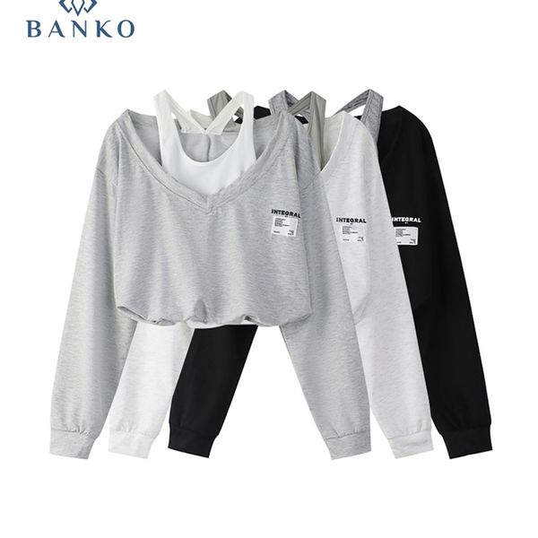 korean fashion women fake two pieces strapless crop preppy style blouse harajuku hoodie loose casual pullovers streetwear 220816, Black 
korean fashion women fake two pieces strapless crop preppy style blouse harajuku hoodie loose casual pullovers streetwear 220816, Black