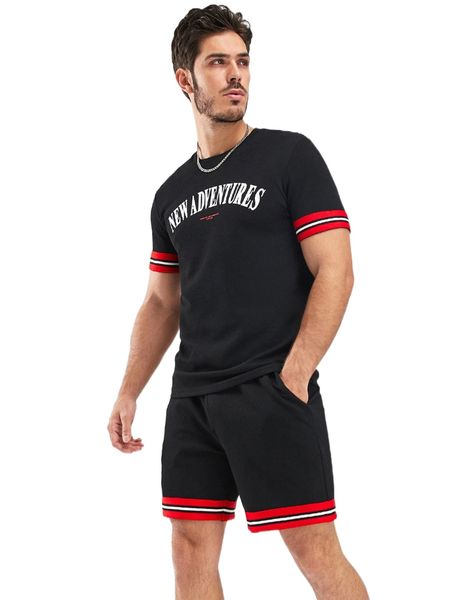 men letter graphic contrast trim tee & drawstring waist shorts u8et#, Gray 
men letter graphic contrast trim tee & drawstring waist shorts u8et#, Gray