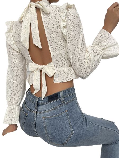 embroidery eyelet tie back blouse i1kg#, White 
embroidery eyelet tie back blouse i1kg#, White