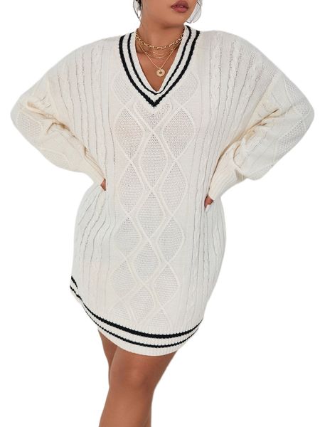 plus cable knit contrast trim drop shoulder sweater dress 58vq#, Black
plus cable knit contrast trim drop shoulder sweater dress 58vq#, Black