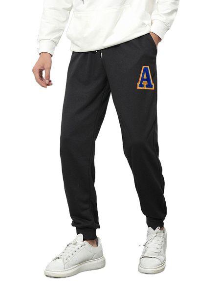 men letter patch detail drawstring waist pants c75r#, Black