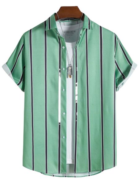 men 1pc vertical striped curved hem shirt t9fz#, White;black 
men 1pc vertical striped curved hem shirt t9fz#, White;black