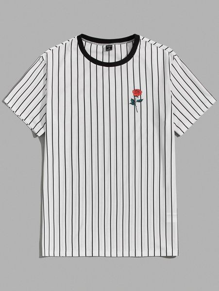 men striped & floral print contrast binding tee m24b#, White;black
men striped & floral print contrast binding tee m24b#, White;black