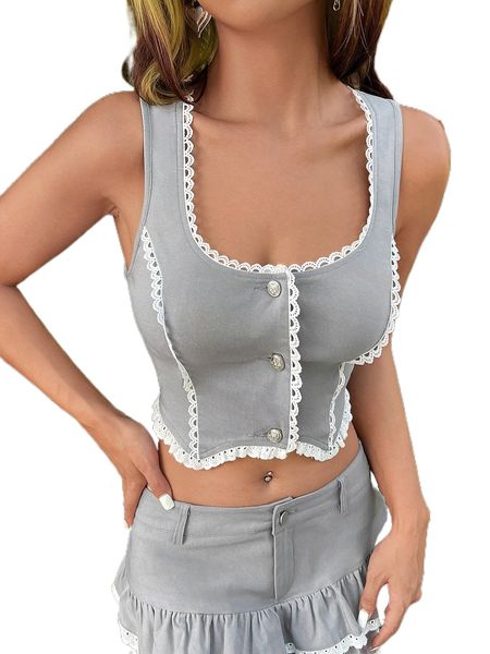 contrast lace button front tank without sleeve e3fa#, White
contrast lace button front tank without sleeve e3fa#, White