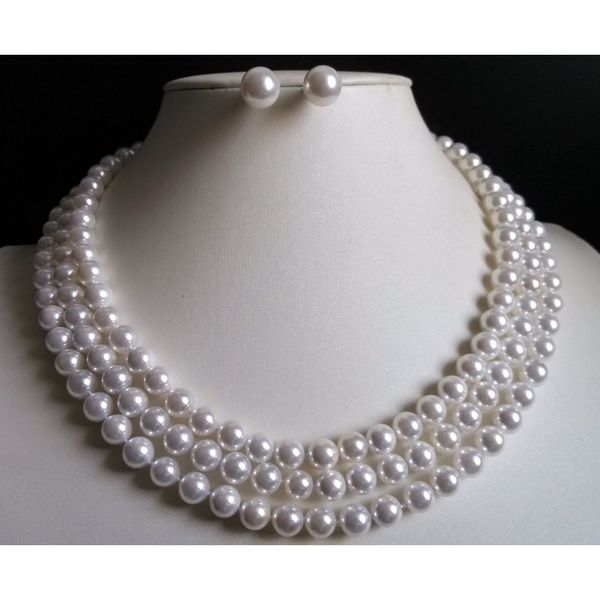 3 row 8mm white pearl akoya shell black pearl round pearl necklace and earrings suite aaa 17" -19", Silver
3 row 8mm white pearl akoya shell black pearl round pearl necklace and earrings suite aaa 17" -19", Silver