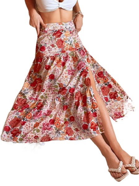 allover floral split thigh skirt k9l2#, Black