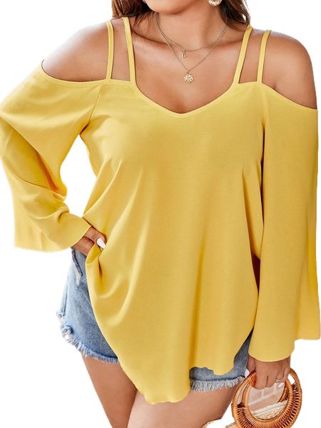 plus solid cold shoulder blouse k0os#, Black