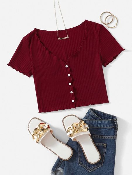 buttoned front lettuce trim rib-knit tee t4xk#, White 
buttoned front lettuce trim rib-knit tee t4xk#, White