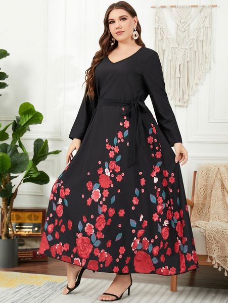 plus floral print belted dress r55q#, Black
plus floral print belted dress r55q#, Black
