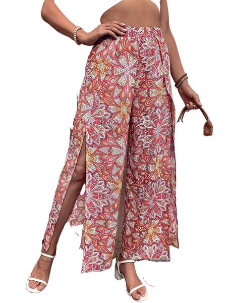 allover floral print wrap wide leg pants l4fd#, Black;white