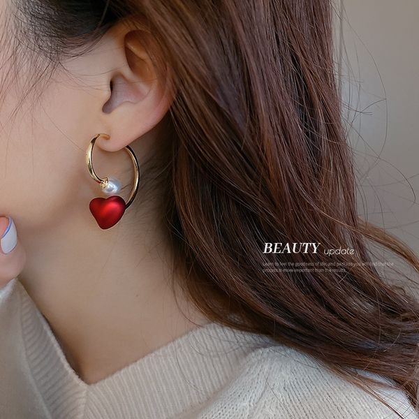 925 silver needle red pearl hearth-shaped earrings french minority high-grade ear studs personality temperament entry lux earrings for women, Golden
925 silver needle red pearl hearth-shaped earrings french minority high-grade ear studs personality temperament entry lux earrings for women, Golden