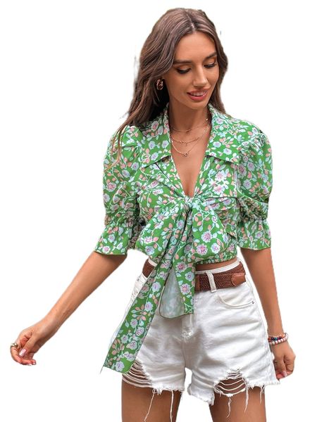 floral print knot front shirred blouse w2io#, White
floral print knot front shirred blouse w2io#, White