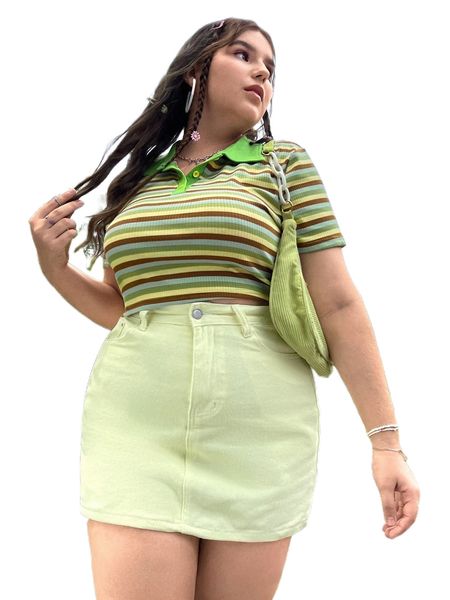 plus block striped contrast polo neck crop tee a1wl#, Black 
plus block striped contrast polo neck crop tee a1wl#, Black