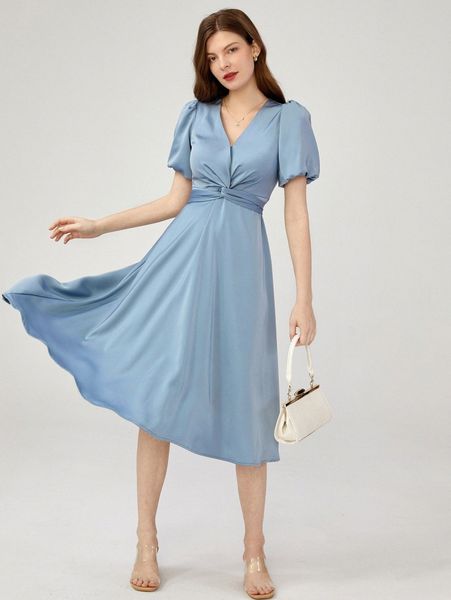 puff sleeve twist front tie back chiffon dress b0ct#, Black;gray 
puff sleeve twist front tie back chiffon dress b0ct#, Black;gray