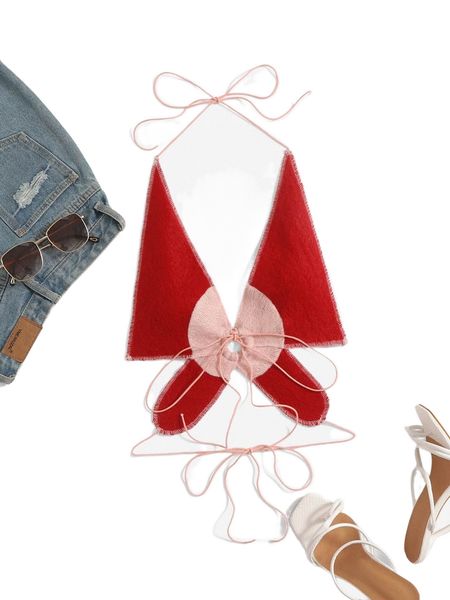 two tone o-ring tie backless crop halter 680f#, White
two tone o-ring tie backless crop halter 680f#, White