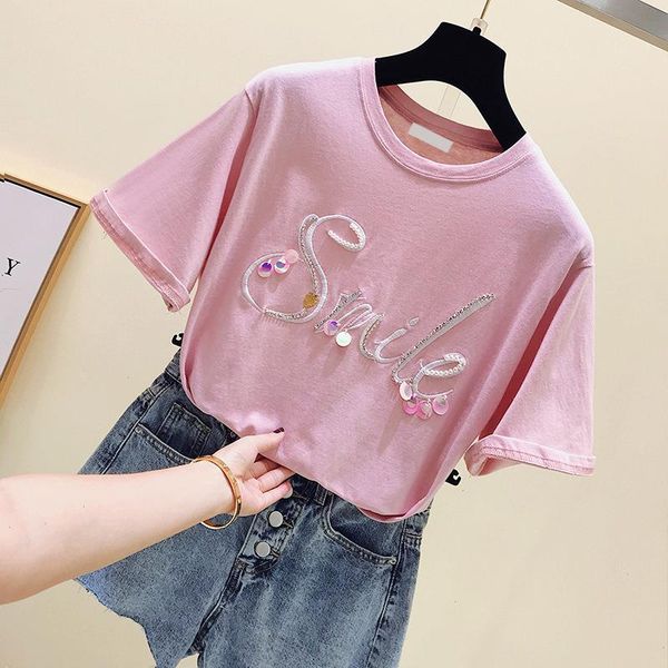 fashion female sequin pearls t-shirt women cotton white summer embroidery pink tee shirt short sleeve
fashion female sequin pearls t-shirt women cotton white summer embroidery pink tee shirt short sleeve