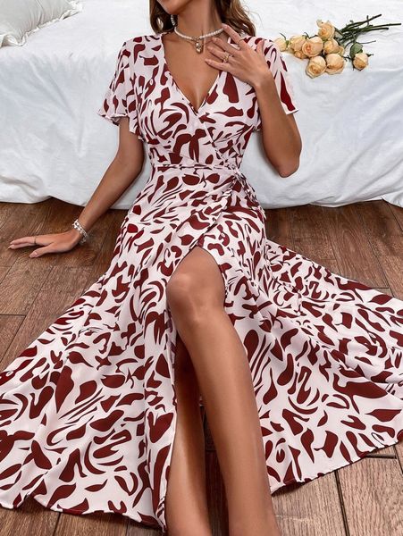 all over print butterfly sleeve tie side wrap dress j83l#, Black;gray