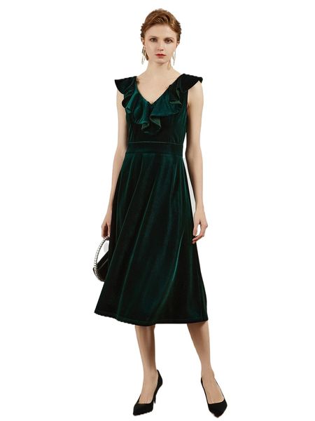 motf premium velvet ruffle trim dress h4i9#, Black;gray