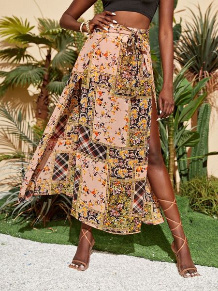 high waist floral & patchwork print knot front split thigh skirt m9fe#, Black
high waist floral & patchwork print knot front split thigh skirt m9fe#, Black