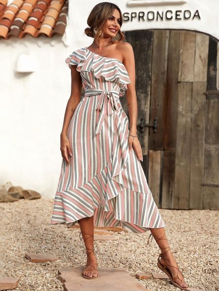 one shoulder ruffle trim self belted striped dress f13e#, Black;gray
one shoulder ruffle trim self belted striped dress f13e#, Black;gray