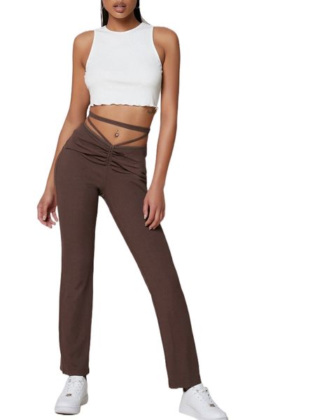 tie back drawstring ruched pants 35e9#, Black;white