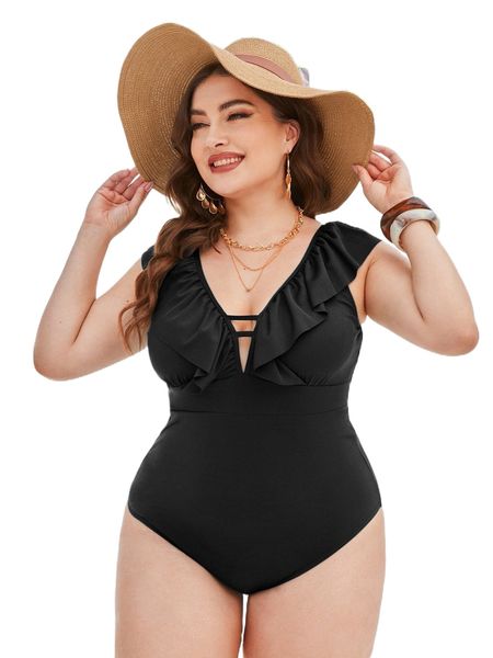 plus ruffle trim one piece swimsuit w7xn#, White;black