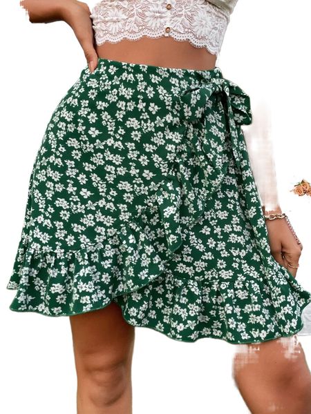 ditsy floral ruffle trim wrap knot side skirt y4ui#, Black 
ditsy floral ruffle trim wrap knot side skirt y4ui#, Black