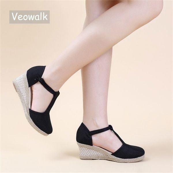 veowalk bohemian women handmade linen cotton wedge espadrilles sandals t-strap summer comfortable high heel platforms shoes 220326, Black
veowalk bohemian women handmade linen cotton wedge espadrilles sandals t-strap summer comfortable high heel platforms shoes 220326, Black