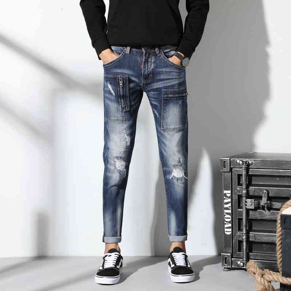 men's jeans spring / summer pierced stitching jeans men's elastic slim fit small feet personalized pocket long pants trend 7mge, Blue
men's jeans spring / summer pierced stitching jeans men's elastic slim fit small feet personalized pocket long pants trend 7mge, Blue