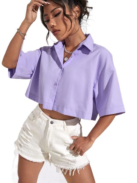 solid drop shoulder crop shirt x8oy#, White 
solid drop shoulder crop shirt x8oy#, White