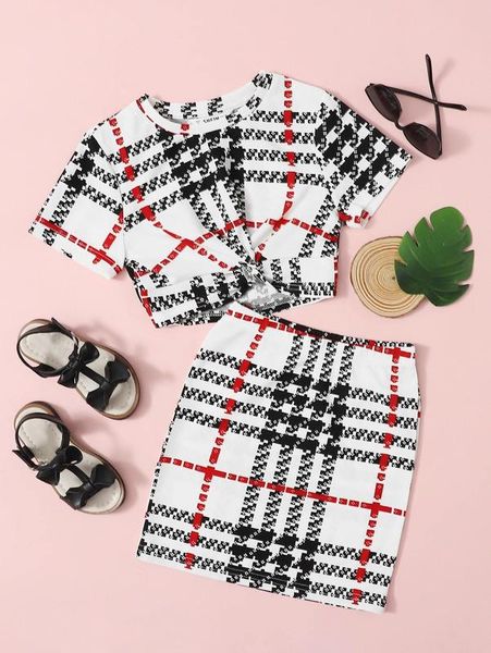 girls twist front plaid & skirt set she, White
girls twist front plaid & skirt set she, White