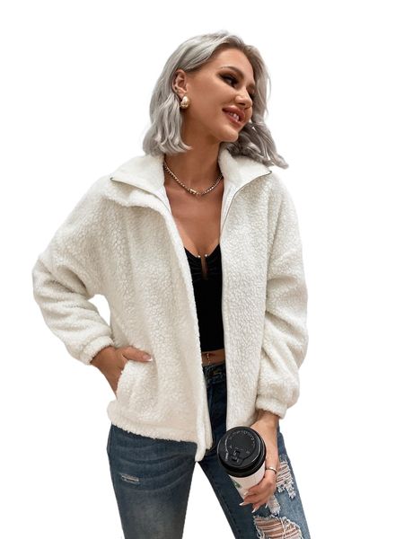 eilly bazar solid slant pocket drop shoulder teddy jacket m67g#, Black;brown 
eilly bazar solid slant pocket drop shoulder teddy jacket m67g#, Black;brown