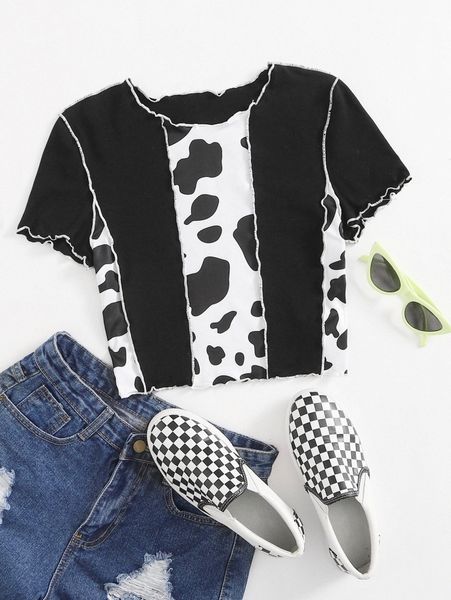 cow print seam front tee k220#, White